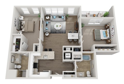 Floor plan for 2 beds, 2 baths, 1281 sqft